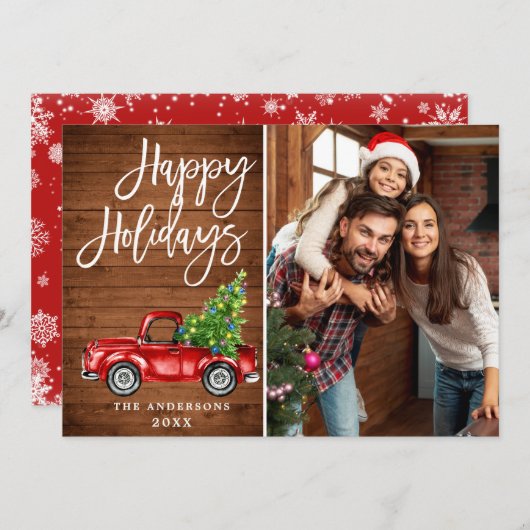 レトロクリスマスレッドトラック素朴写真グリーティング シーズンカード (正面/裏面)