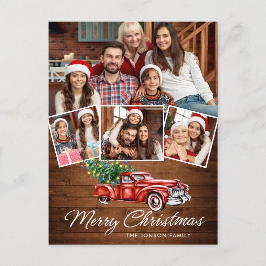 レトロクリスマスレッドトラック素朴4 PHOTO Greeting ポストカード (正面)
