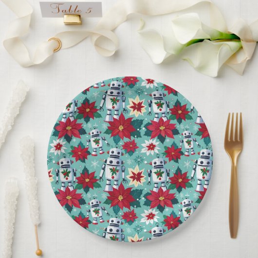 レトロクリスマスロボットとポインセチア ペーパープレート (ウェディング)