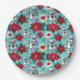 レトロクリスマスロボットとポインセチア ペーパープレート