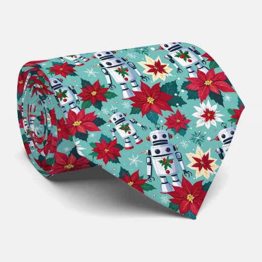 レトロクリスマスロボットとポインセティアスのミントグリーン ネクタイ (ロール)