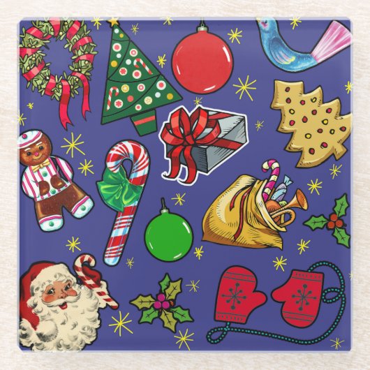 レトロクリスマスヴィンテージカラフルブルーレッドグリーン ガラスコースター (正面)
