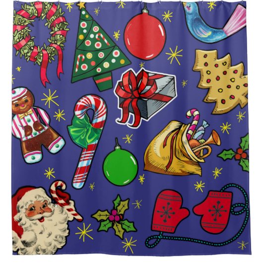 レトロクリスマスヴィンテージカラフルブルーレッドグリーン シャワーカーテン (正面)