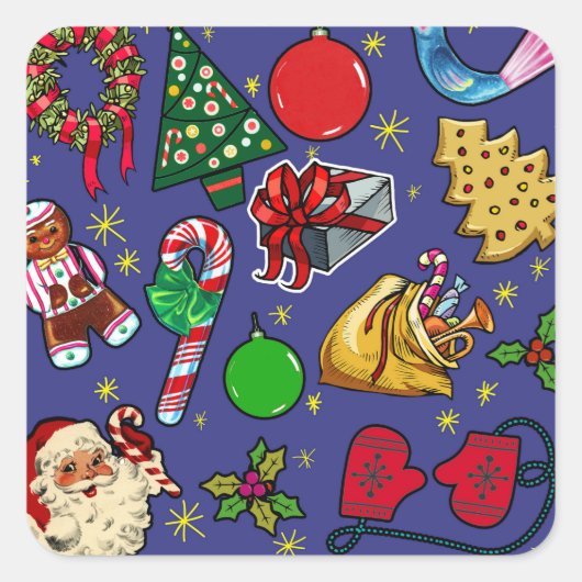 レトロクリスマスヴィンテージカラフルブルーレッドグリーン スクエアシール (正面)