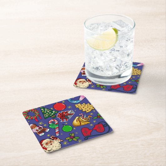 レトロクリスマスヴィンテージカラフルブルーレッドグリーン スクエアペーパーコースター (インサイチュ)