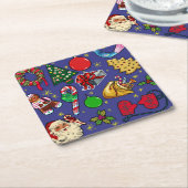 レトロクリスマスヴィンテージカラフルブルーレッドグリーン スクエアペーパーコースター (アングル)