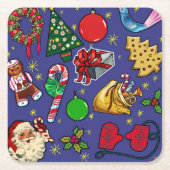 レトロクリスマスヴィンテージカラフルブルーレッドグリーン スクエアペーパーコースター (正面)