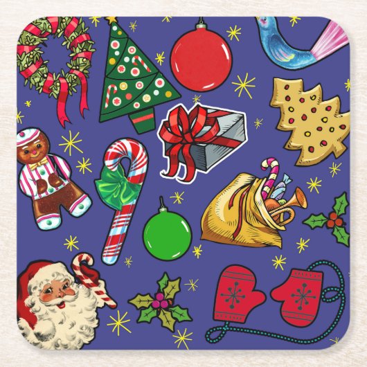 レトロクリスマスヴィンテージカラフルブルーレッドグリーン スクエアペーパーコースター (正面)