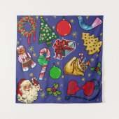 レトロクリスマスヴィンテージカラフルブルーレッドグリーン タペストリー (正面)