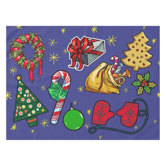 レトロクリスマスヴィンテージカラフルブルーレッドグリーン テーブルクロス (正面(横))