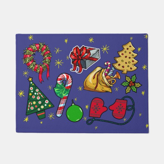 レトロクリスマスヴィンテージカラフルブルーレッドグリーン ドアマット (正面)