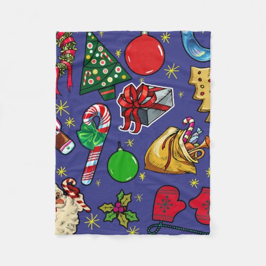 レトロクリスマスヴィンテージカラフルブルーレッドグリーン フリースブランケット (正面)
