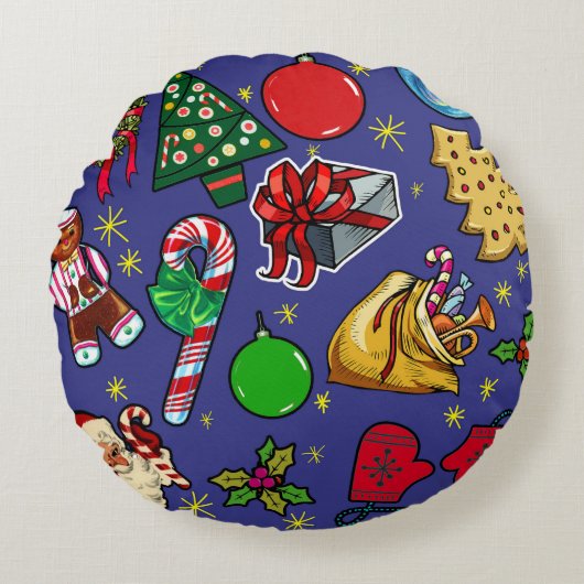 レトロクリスマスヴィンテージカラフルブルーレッドグリーン ラウンドクッション (正面)