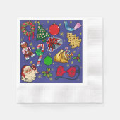 レトロクリスマスヴィンテージカラフルブルーレッドグリーン 縁ありカクテルナプキン (正面)