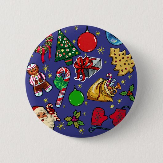 レトロクリスマスヴィンテージカラフルブルーレッドグリーン 缶バッジ (正面)