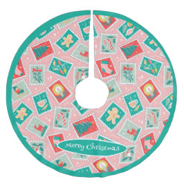 レトロクリスマス切手 ブラッシュドポリエステルツリースカート