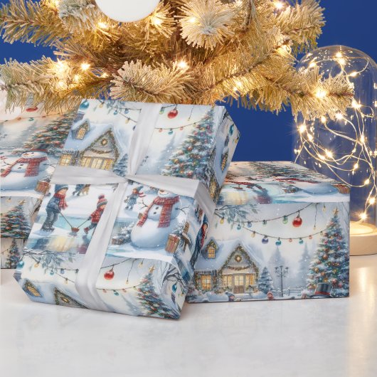 レトロクリスマス子供スケートギフトラッピングペーパー ラッピングペーパー (クリスマス)