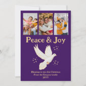 レトロクリスマス平和ジョイ鳩パープル金ゴールド写真 シーズンカード (正面)