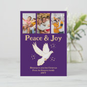 レトロクリスマス平和ジョイ鳩パープル金ゴールド写真 シーズンカード (スタンド正面)
