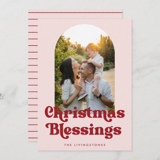 レトロクリスマス恵みピンクと赤のアーチ写真 シーズンカード (正面/裏面)