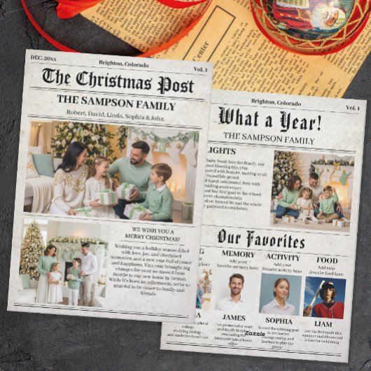 レトロクリスマス新聞家族フォトニュースレター シーズンカード