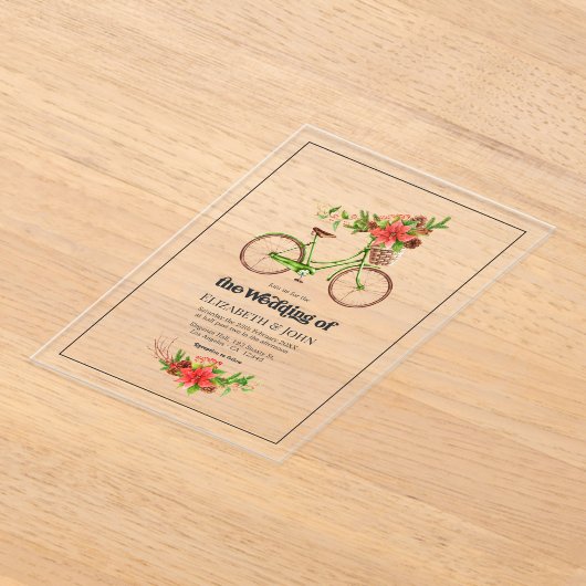 レトロクリスマス自転車結婚の休日 アクリル招待状 (レイダウン)