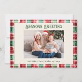 レトロクリスマス赤と緑の格子模様の家族写真 シーズンカード (正面)
