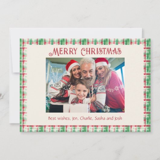 レトロクリスマス赤と緑の格子模様の家族写真 シーズンカード (正面)