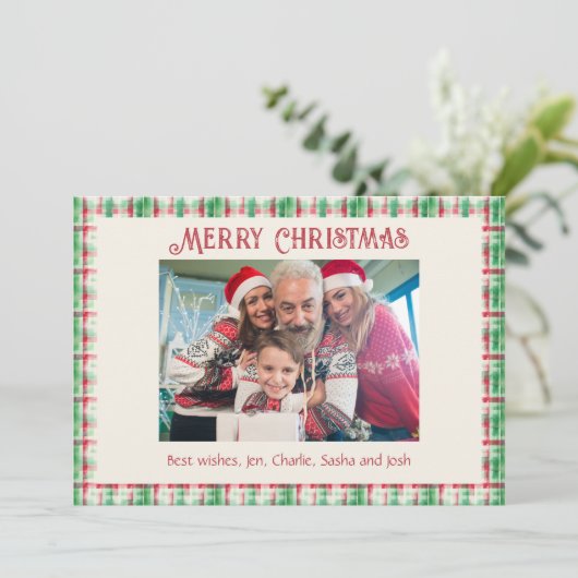 レトロクリスマス赤と緑の格子模様の家族写真 シーズンカード (スタンド正面)