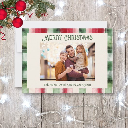レトロクリスマス赤と緑の格子模様の家族写真 シーズンカード