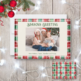 レトロクリスマス赤と緑の格子模様の家族写真 シーズンカード