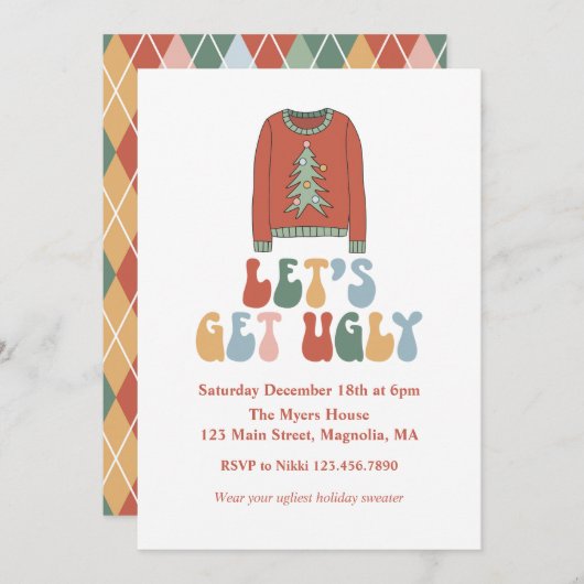 レトロクリスマス醜いセーターパーティー 招待状 (正面/裏面)
