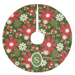 レトロクリスマス60年代70年代フローラとイニシャル ブラッシュドポリエステルツリースカート