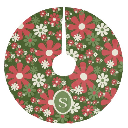 レトロクリスマス60年代70年代フローラとイニシャル ブラッシュドポリエステルツリースカート (正面)