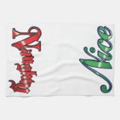 レトロクリスマス、いたずらっ子？それともいい子？ 赤と緑の文字 キッチンタオル (横)