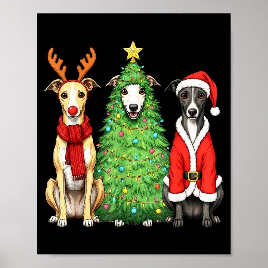 レトロクリスマス ウィペット サンタ トナカイ 犬好き ポスター (正面)