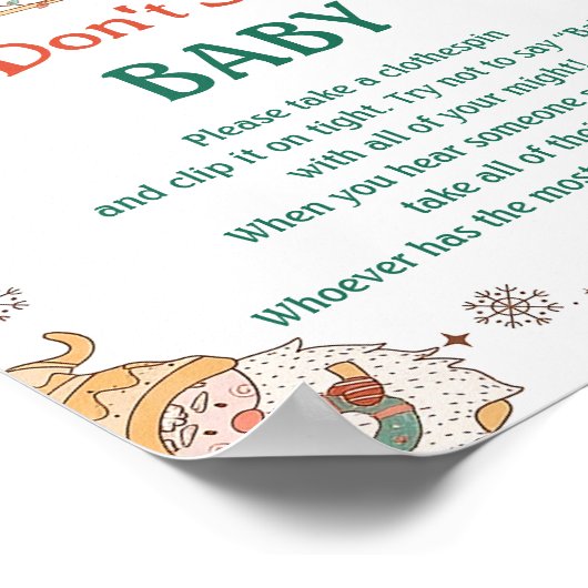 レトロクリスマス"ベビーを言わない"赤ちゃんシャワーゲーム ポスター (角)