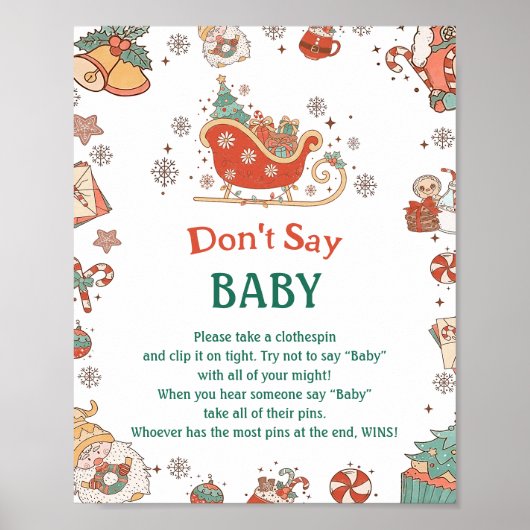 レトロクリスマス"ベビーを言わない"赤ちゃんシャワーゲーム ポスター (正面)