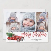レトロクリスマス 赤いトラックの田舎風 5枚写真のグリーティング