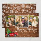 レトロクリスマス 赤いトラックの郷土風 3枚写真のグリーティング シーズンカード (正面/裏面)