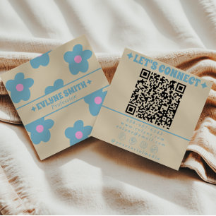 レトロクリームブルーQRコードグラフィカルフラワーボホ スクエア名刺