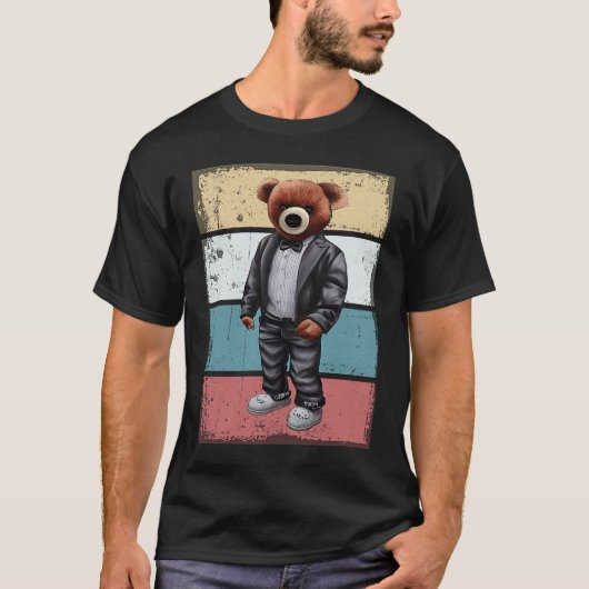 レトロクールな背景を持つテディベア Tシャツ (正面)