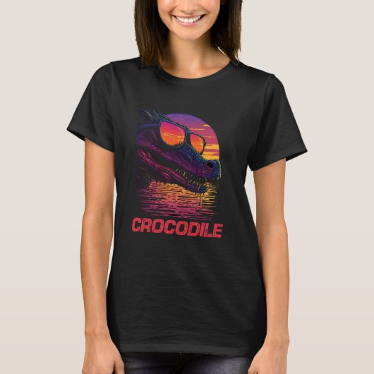 レトロクールサンセットサングラスクロコダイル Tシャツ (正面)