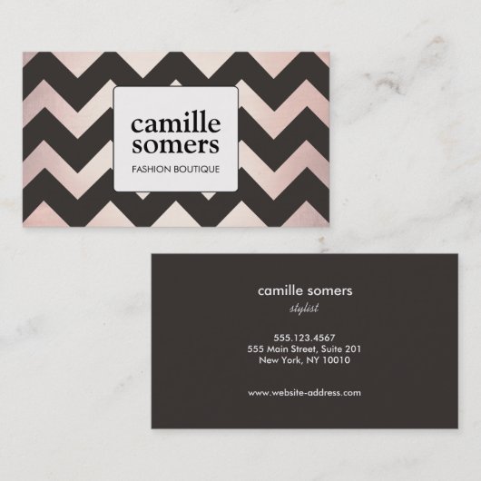 レトロクールバラゴールドフォイルブラウンシェブロンパターン 名刺 (正面/裏面)