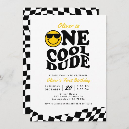 レトロクールワンダデスマイル顔ボーイサンバースデー 招待状 (正面/裏面)