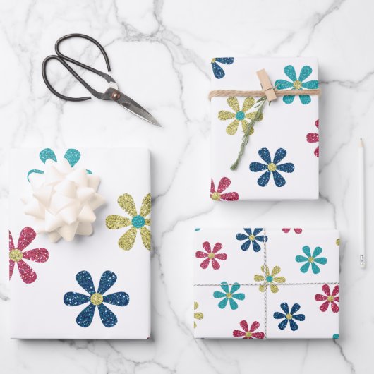 レトログガーリーラム60sグリッター花金ゴールドブルーレッド ラッピングペーパーシート (正面)