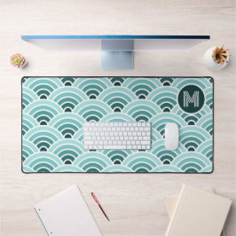 レトログラデーションティール（緑がかった色）ブルーグリーンウェーブアートパターン デスクマット