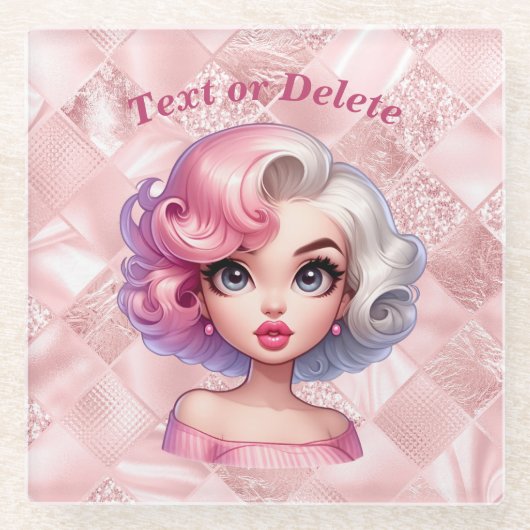 レトログラマー女の子アニメーションかわいい漫画美しい ガラスコースター (正面)