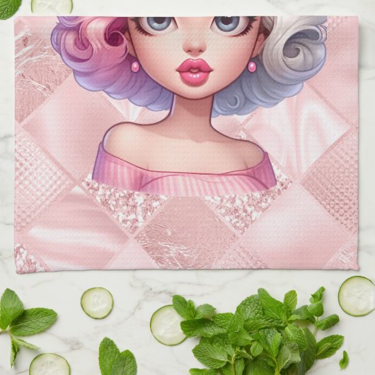 レトログラマー女の子アニメーションかわいい漫画美しい キッチンタオル (折り畳み)