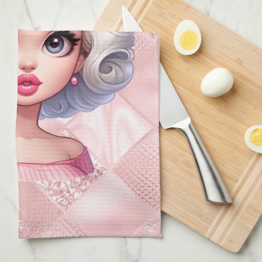 レトログラマー女の子アニメーションかわいい漫画美しい キッチンタオル (四つ折り)